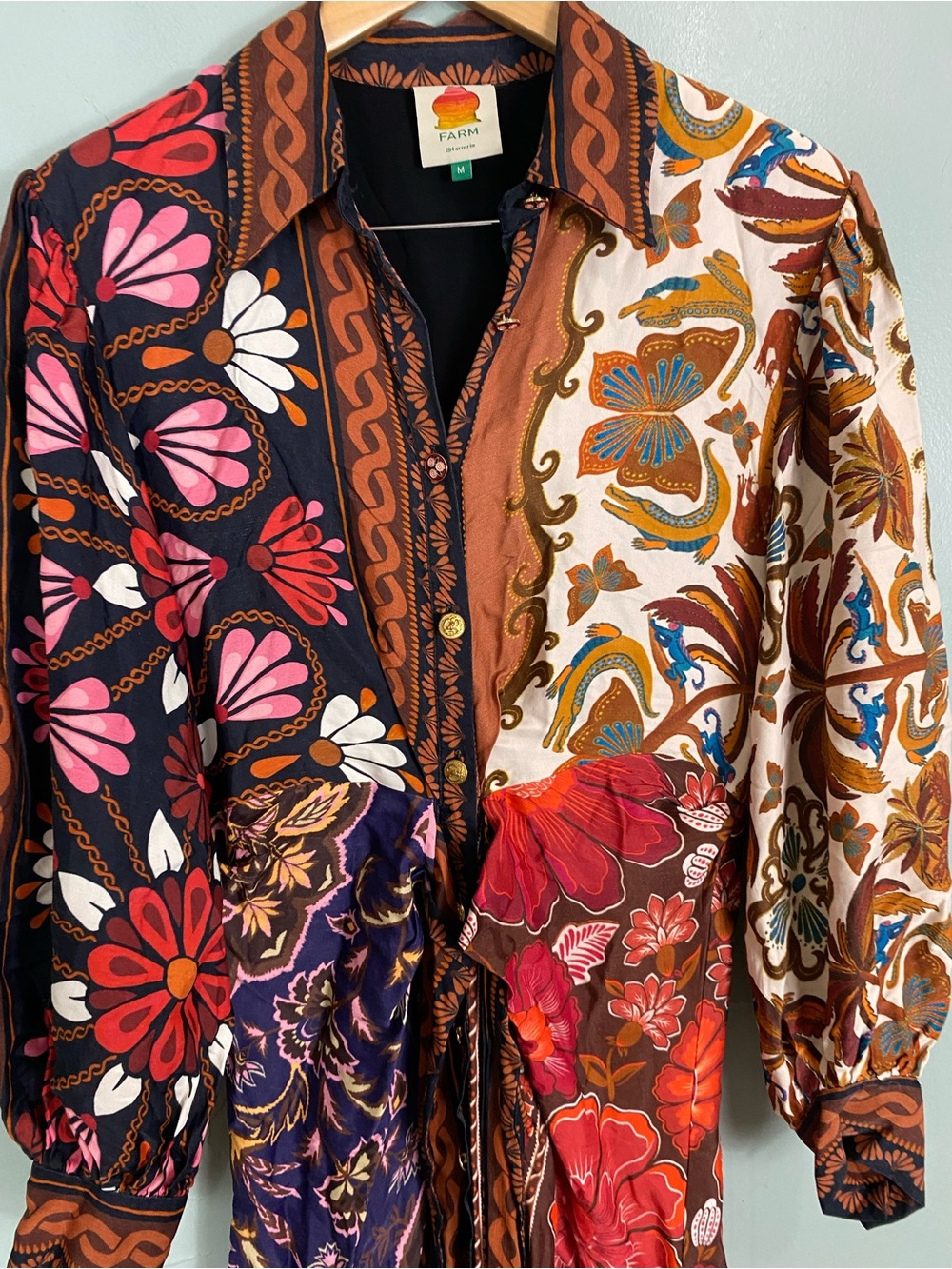 FARM Rio Miranda Long Sleeve Floral Faux Wrap Midi Dress Button Front Chemise M - Picture 3 of 10